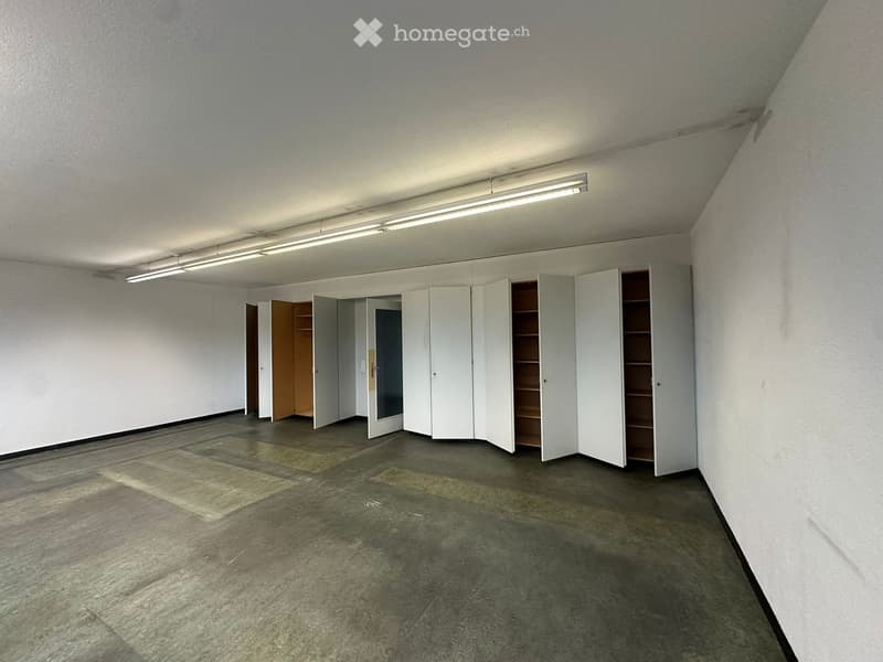 Empty room with white walls, concrete floor, and several open white cabinets with shelves.