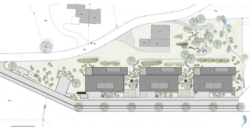 three residential buildings, parking places, trees, landscaped area