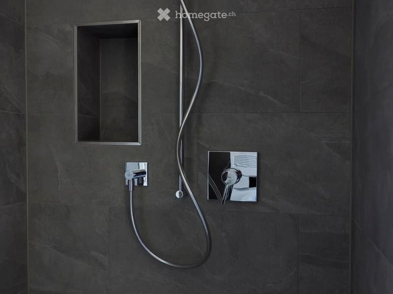 modern shower with curved hose, silver fixtures, tiled walls, and built-in storage niche