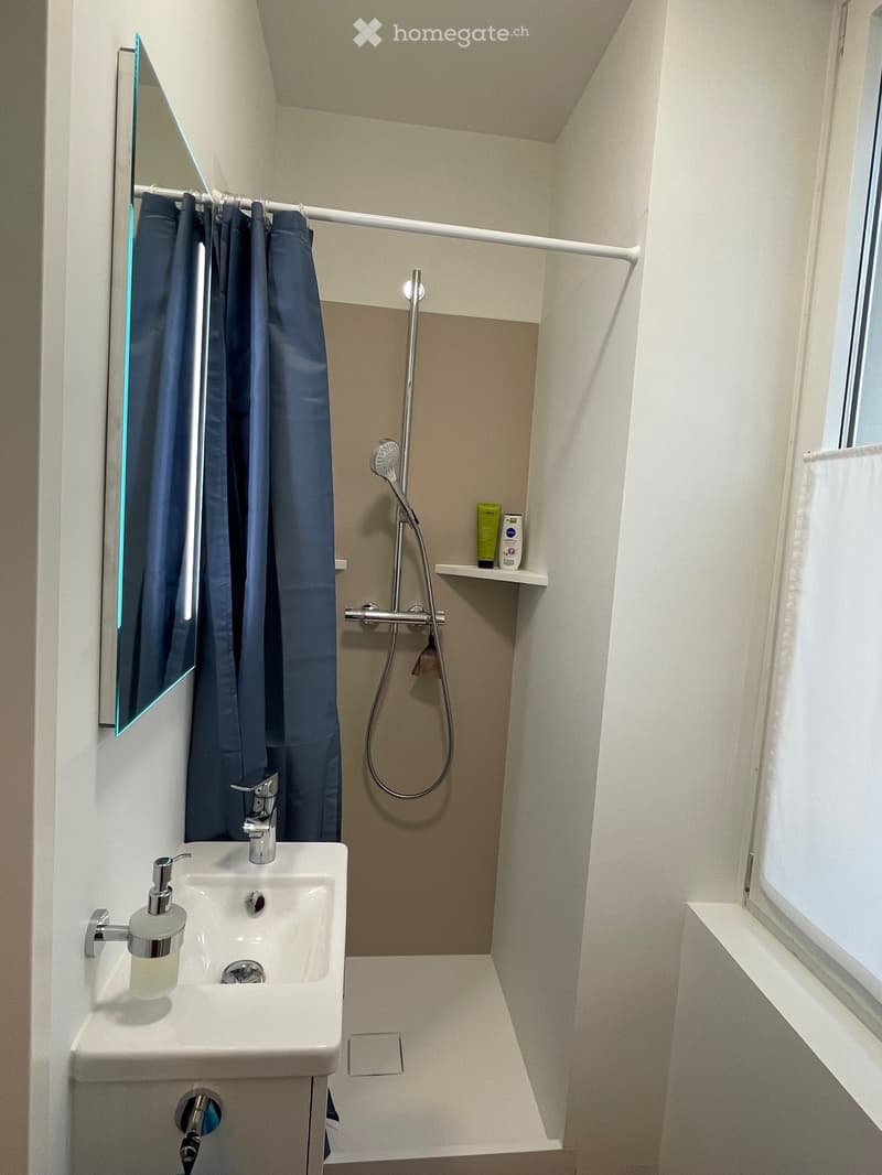 Bathroom with shower, white sink, blue shower curtain, mirror, shower gel bottle on shelf, blue and white towels