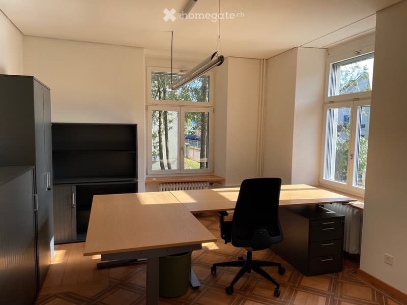 Modern office room with desks, chairs, radiators, bookshelves, and windows with outdoor views.