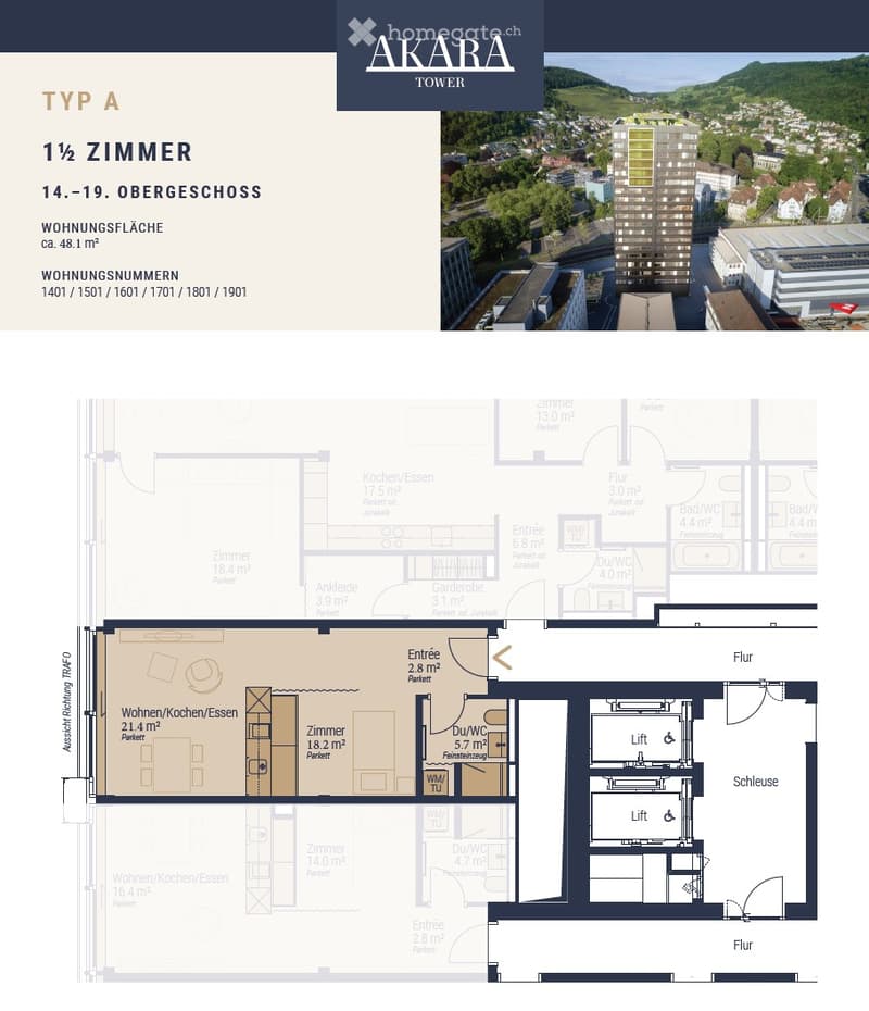 Floor plan of a 1.5-room apartment on the 14th to 19th upper floors, featuring a living/kitchen/dining area, bedroom, bathroom, and entrance.