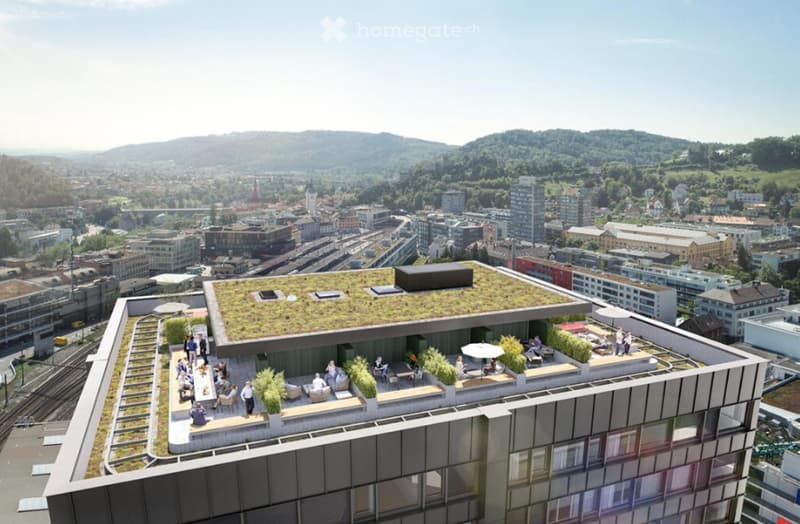 Rooftop terrace with seating areas, greenery, and a panoramic city view.
