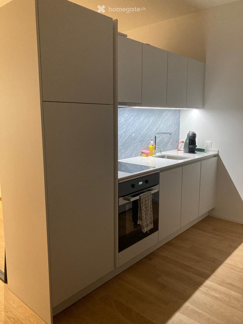 Modern kitchen with light wood cabinets, stainless steel appliances, and a white countertop.