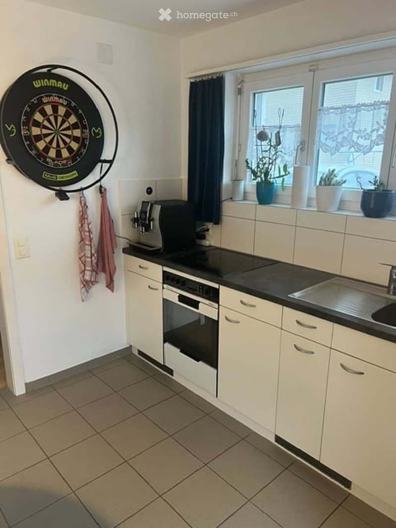 Modern kitchen with white cabinets, black countertops, coffee machine, oven, sink, and potted plants on the windowsill. A dartboard is mounted on the wall.
