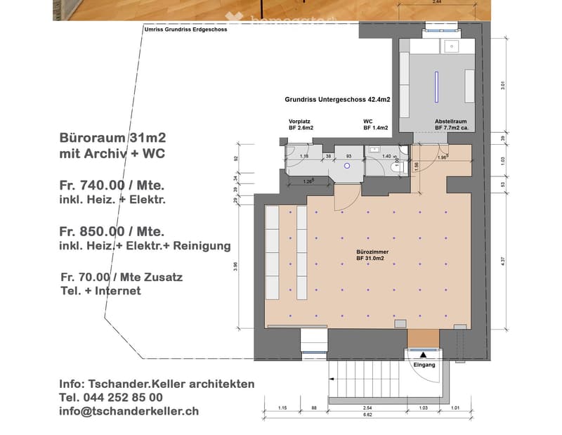 Floor plan of a basement level showing a storage room, WC, entrance area, and two office rooms with archive and WC facilities.