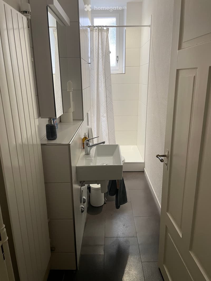 Modern bathroom with white tiles, a sink, mirror, and a shower area with a curtain. Includes a toilet and a small cabinet.