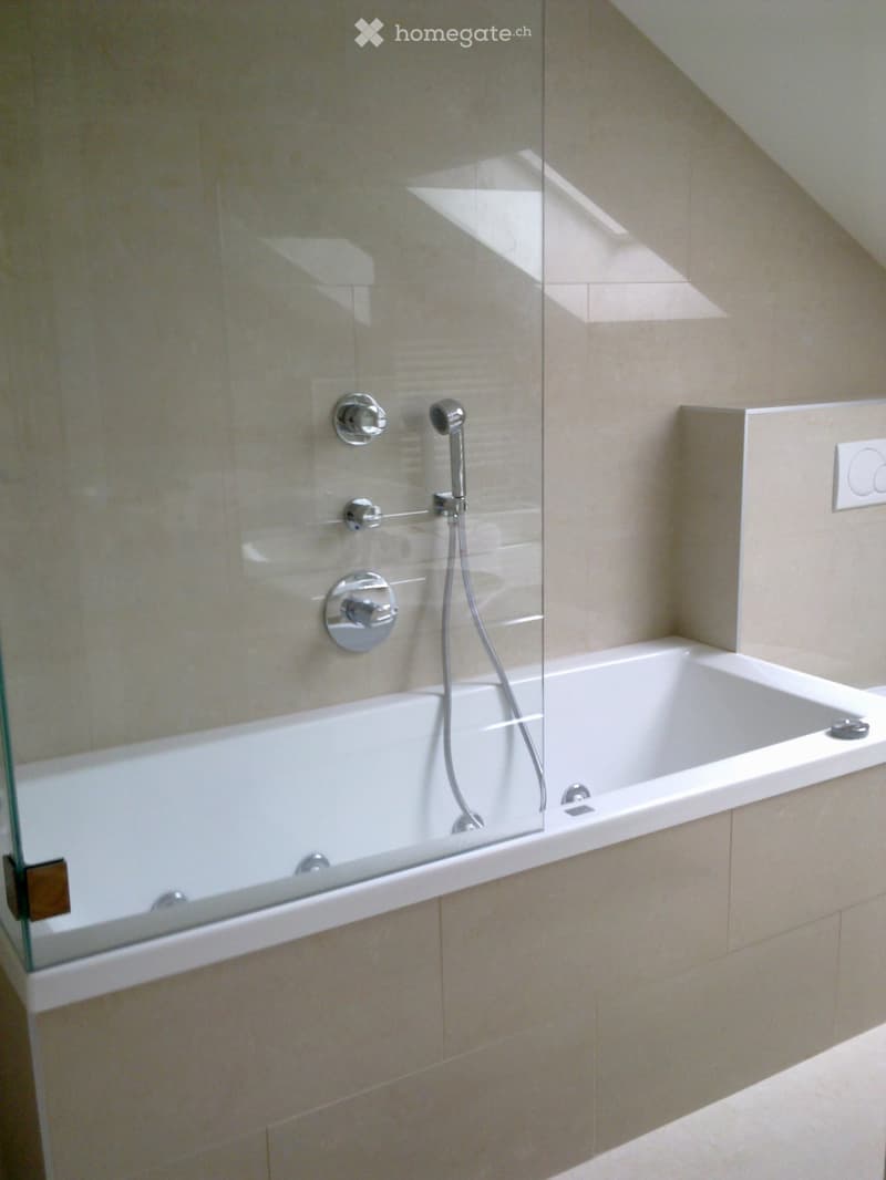 Modern bathroom with a bathtub, glass shower enclosure, and chrome fixtures.