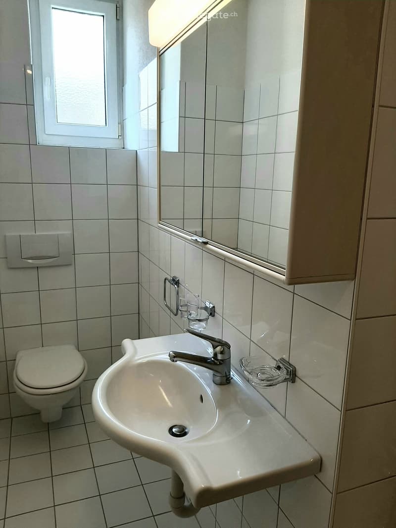 Modern bathroom with white tiled walls and floor, a single sink with a modern faucet, a toilet, a large mirror, and a cup holder on the sink counter.