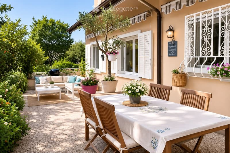 A well-maintained outdoor patio area with a sofa, coffee table, dining table, chairs, and various potted plants. The space features a stone floor, a decorative lantern, and a view of greenery in the background.