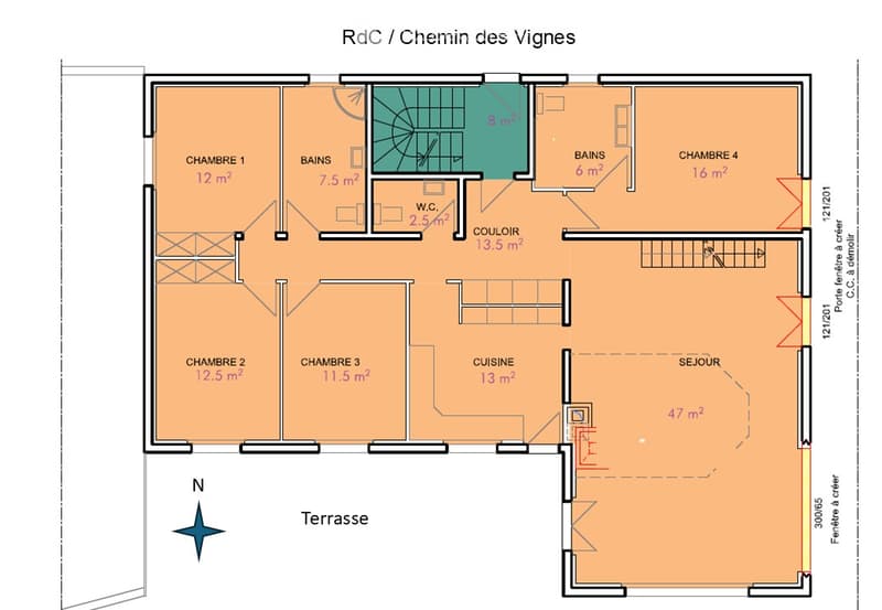 Ground floor floor plan showing living room, kitchen, four bedrooms, two bathrooms, and a terrace.