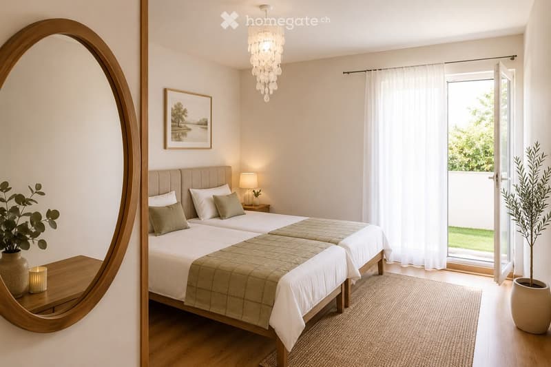 Modern bedroom with two double beds, nightstands, lamps, a large round mirror, a picture frame, and potted plants near the window and door.