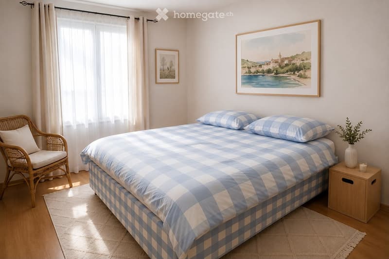 Cozy bedroom with a blue and white checkered bedspread, a wicker chair, a nightstand with a vase, and two framed pictures on the wall.