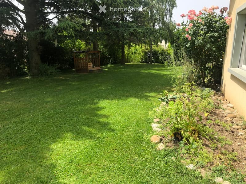 Well-maintained garden with a lush green lawn, a wooden gazebo, flowering bushes, and a small garden bed with plants and rocks.