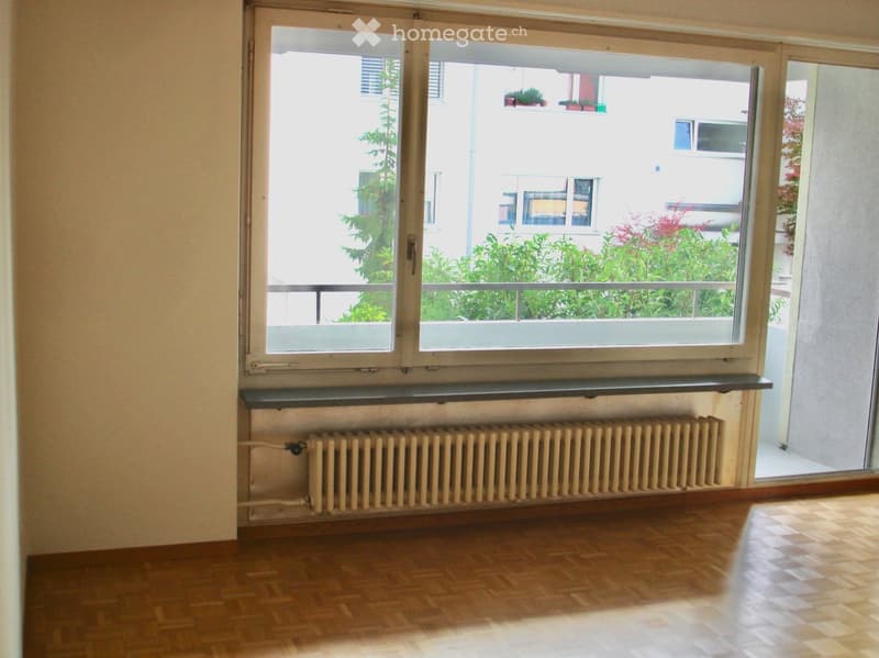 Empty room with wooden flooring, radiator, and large window opening to a balcony with greenery visible outside.