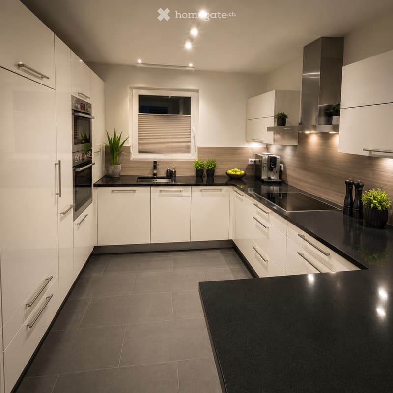 Modern kitchen with white cabinets, black countertops, stainless steel appliances, and built-in lighting. Features an oven, sink, coffee machine, induction cooktop, and potted plants on the counters.