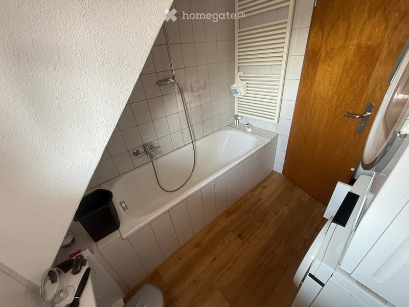 Bathroom with a bathtub, shower, radiator, and a door leading to another room. The floor is wooden, and there is a trash bin near the bathtub.