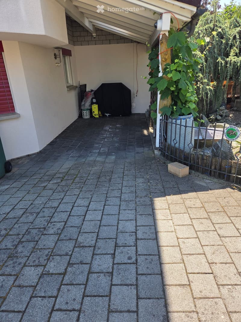 Paved outdoor area with stone tiles, covered walkway, barbecue, and greenery.