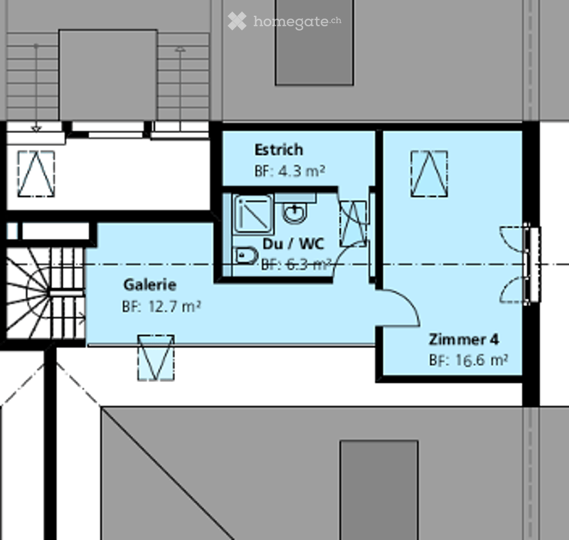 Floor plan with 1 bedroom, 1 bathroom, living room, gallery, and kitchen