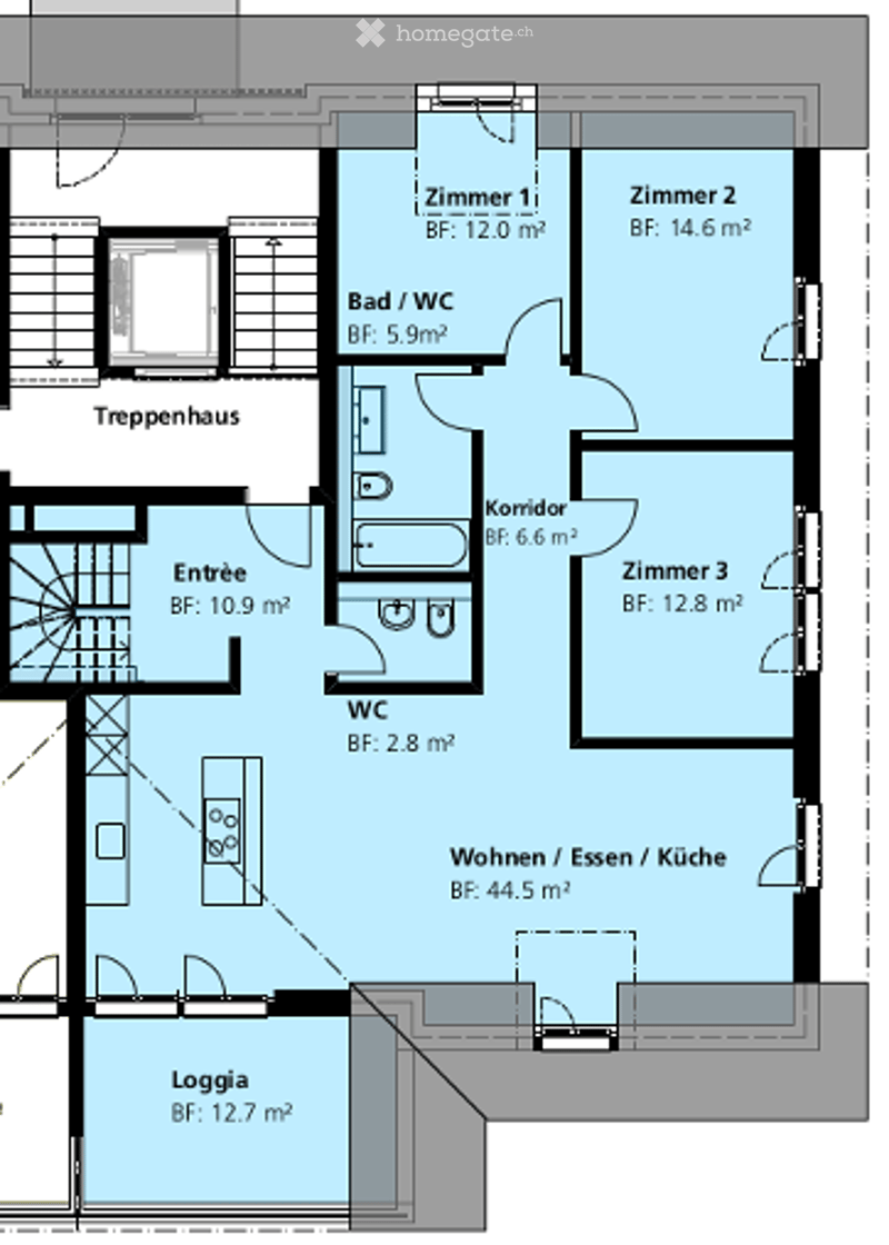 Entrance, living room/kitchen, 3 bedrooms, bathroom, WC, loggia