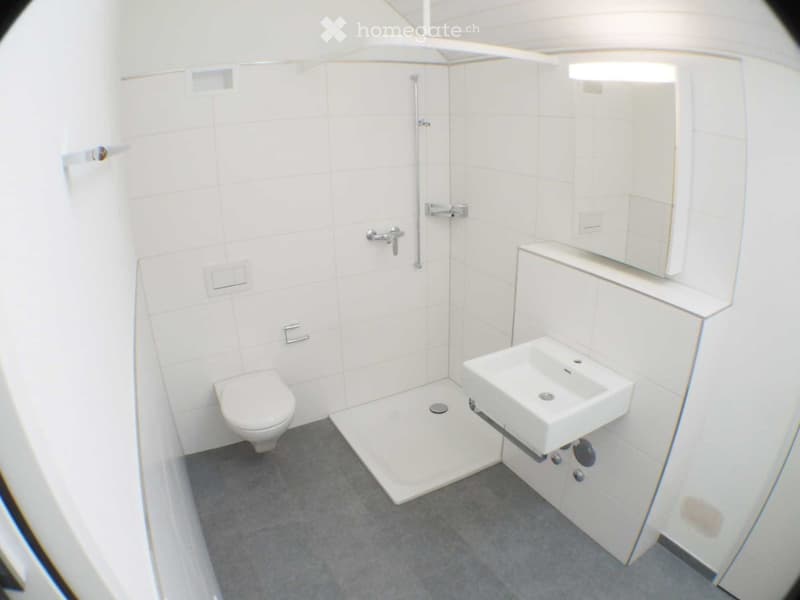 small bathroom with white tiles, toilet, shower, sink, mirror