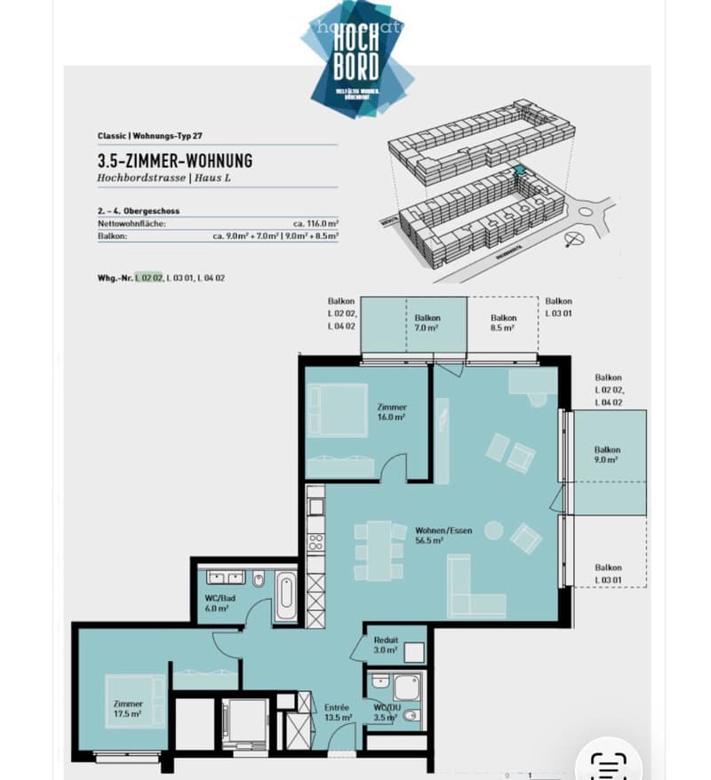Floor plan of a 3.5-room apartment on the 2nd-4th upper floor, featuring a living/dining area, three bedrooms, two bathrooms, and multiple balconies.