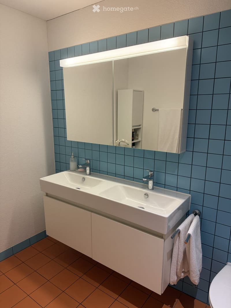 Modern bathroom with a double sink, large mirror with built-in lighting, and white cabinetry.