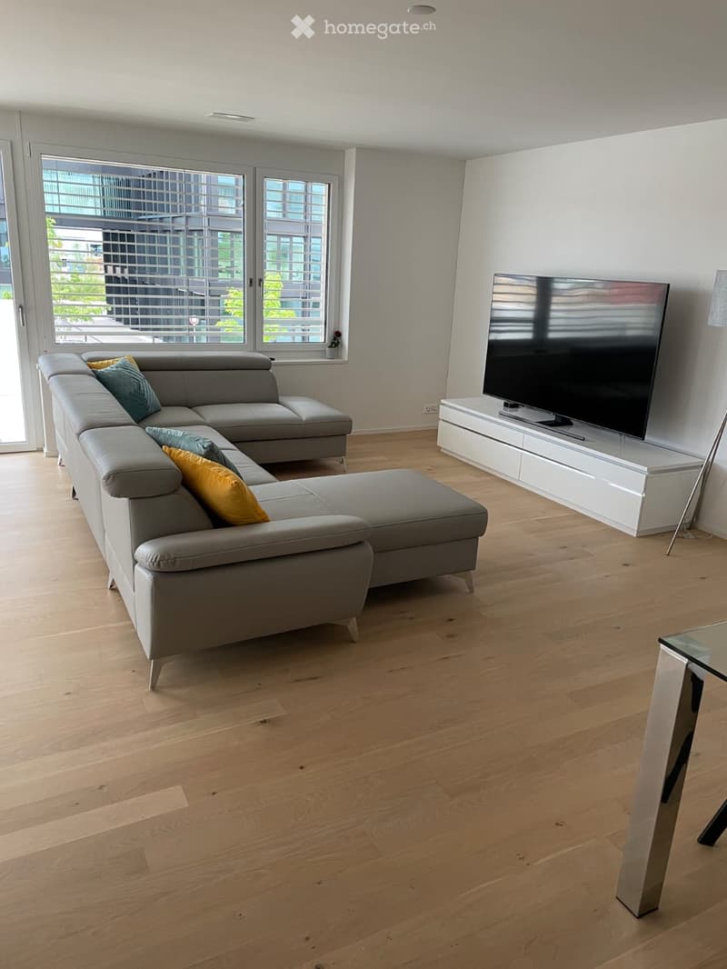 Modern living room with light wooden flooring, grey sectional sofa with colorful cushions, flat-screen TV on a white stand, and a glass table in the corner.