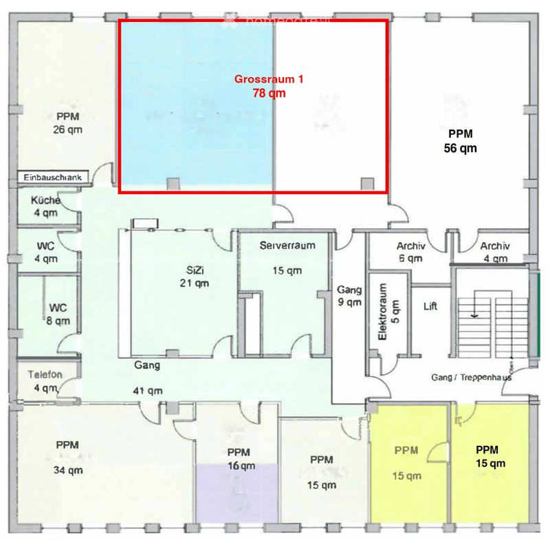 Floor Plan. Floor plan showing multiple rooms including Grossraum 1, Küche, WC, Telefon, SiZi, Servierraum, Archiv, Gang, Elektroraum, Lift, and several PPM areas.
