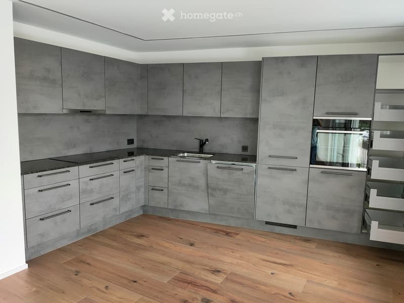 Modern kitchen with grey cabinets, wooden flooring, and stainless steel appliances including a sink, faucet, and oven.