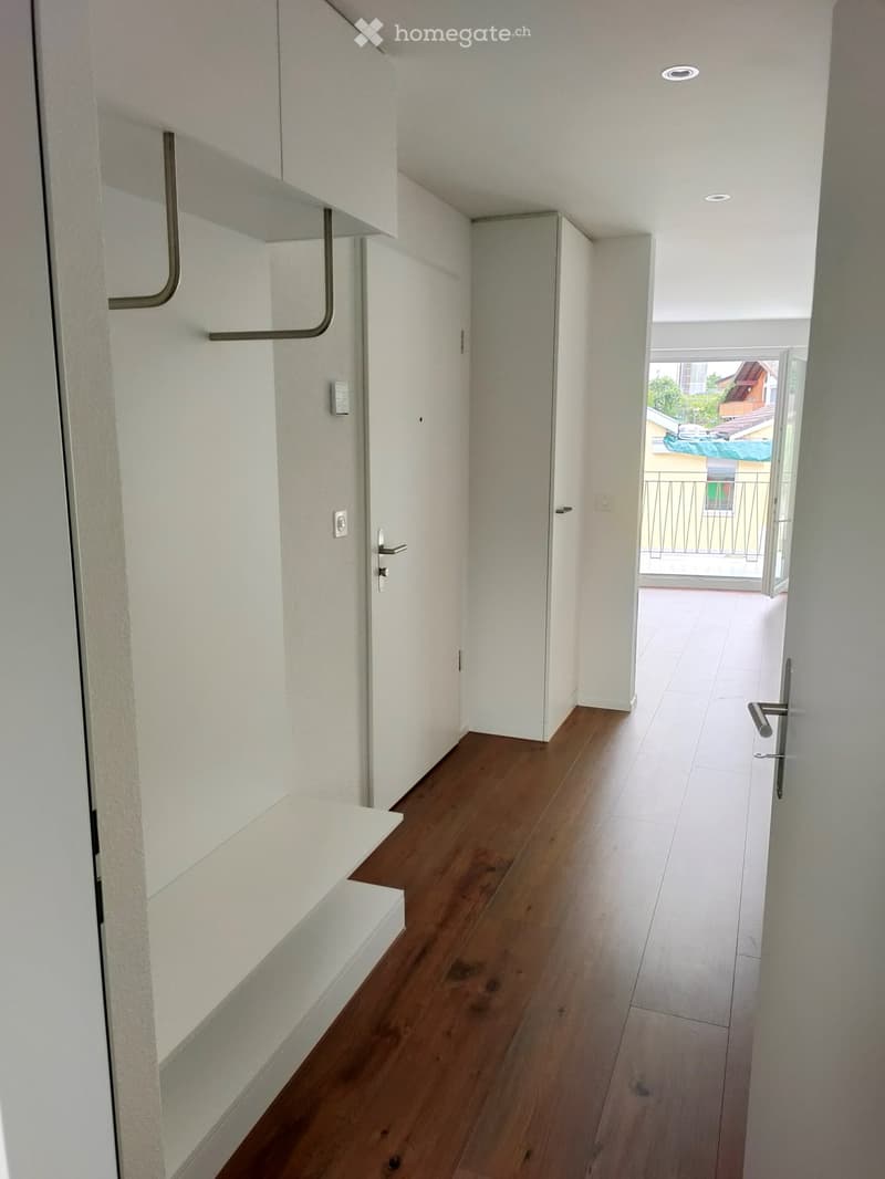 Modern hallway with wooden flooring, white walls, built-in storage, and a door leading to a balcony.
