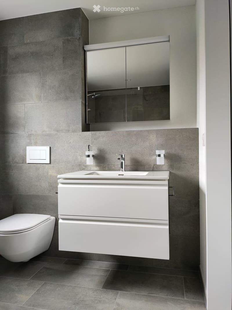 Modern bathroom with a white sink, chrome faucet, mirrored cabinet, and a toilet. Grey tiled walls and dark tiled floor.