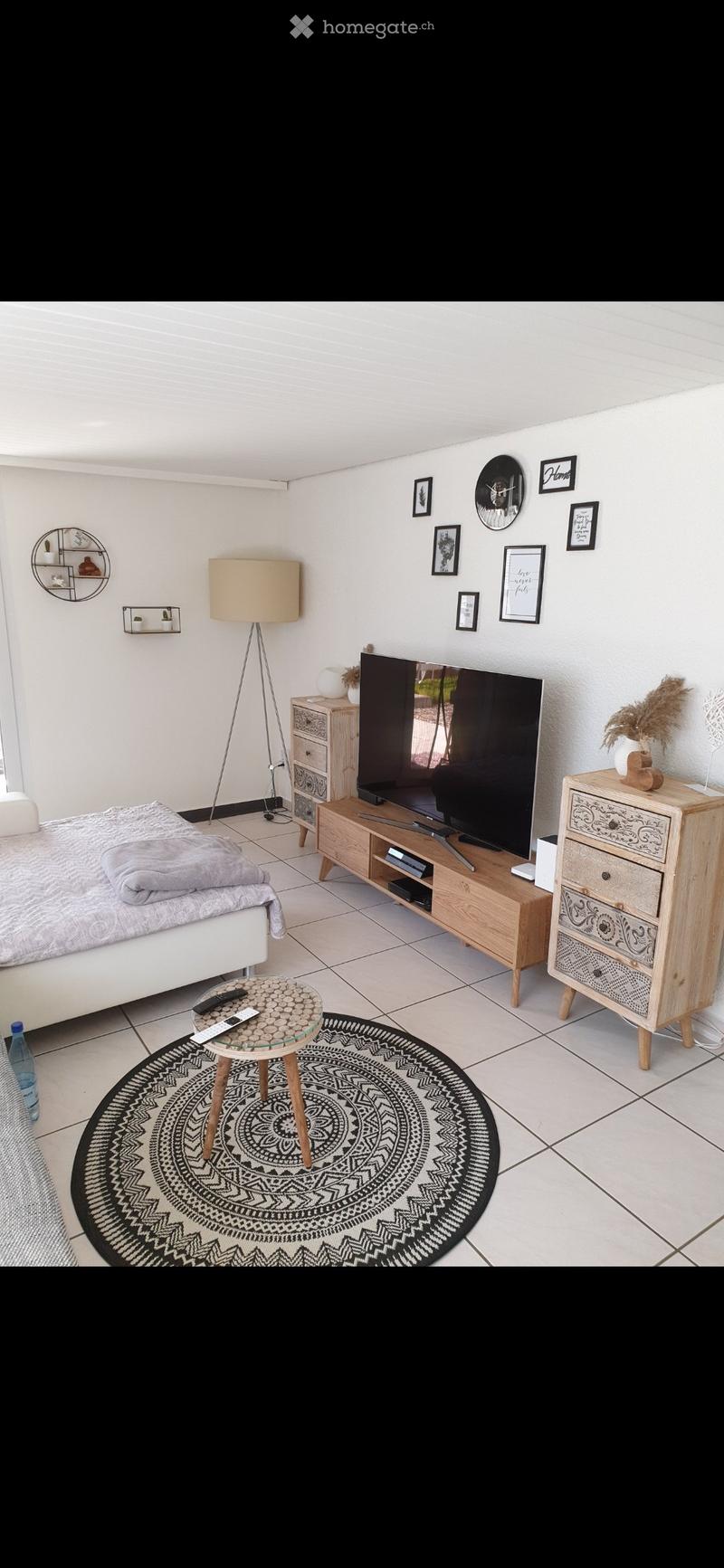 Modern living room with a white sofa, coffee table, large television, floor lamp, side table, and decorative drawer unit. Features a round patterned rug and a small glass stool.