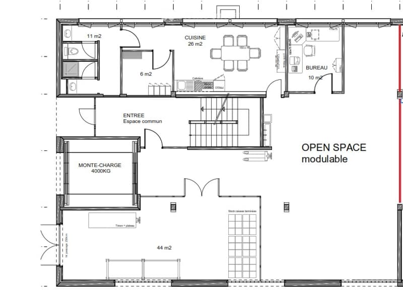 Floor plan showing a 44 m2 open space, a 26 m2 kitchen, a 10 m2 office, a 6 m2 room, a 11 m2 bathroom, and a 400KG loading area.