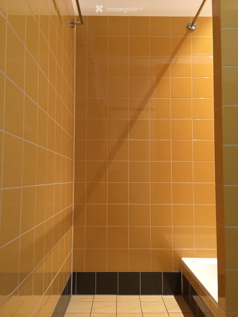 Modern bathroom with orange tiles, black lower border, and a white bathtub.