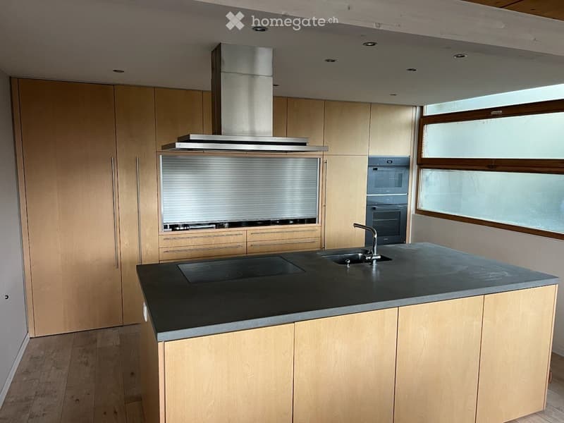 Modern kitchen with light wood cabinets, stainless steel appliances, and a dark countertop.
