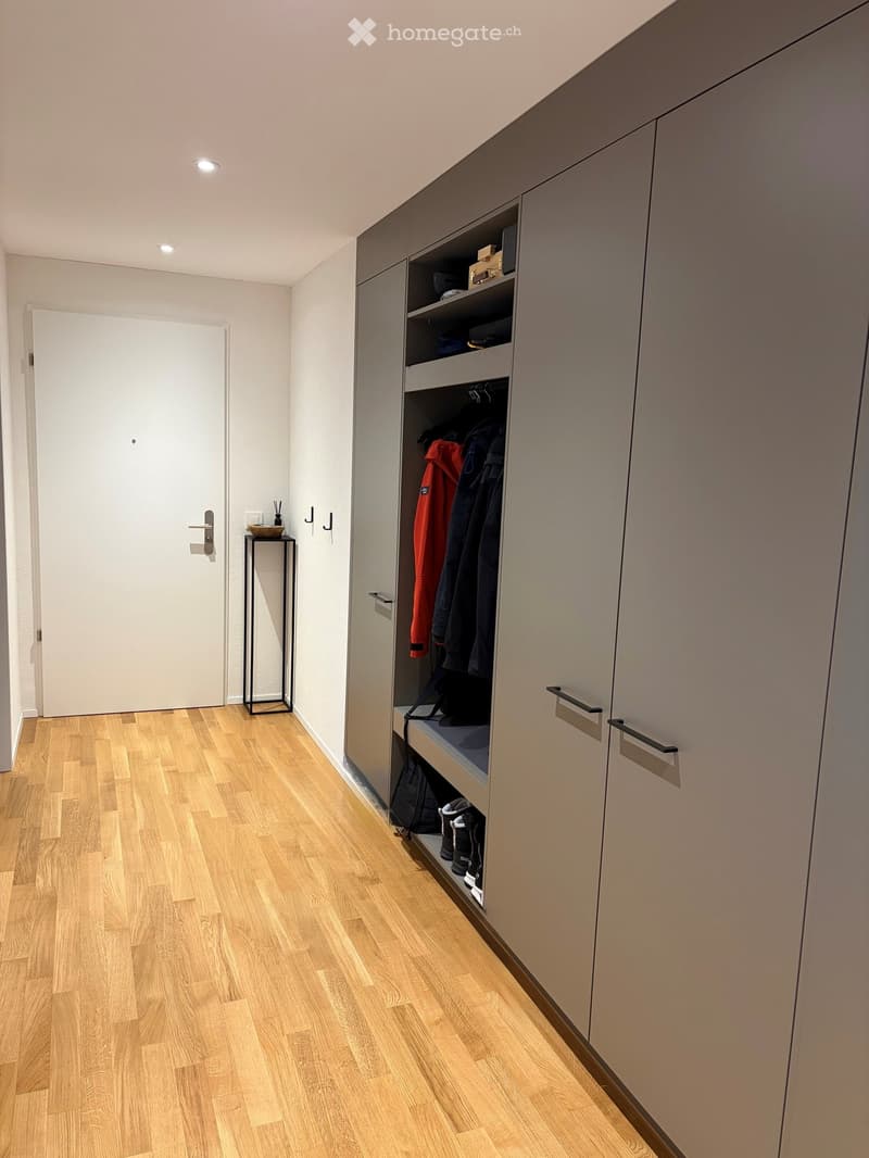 Modern hallway with light wooden flooring, built-in closet with hanging space for coats and shoes, small side table with a decorative bowl, and a white door.