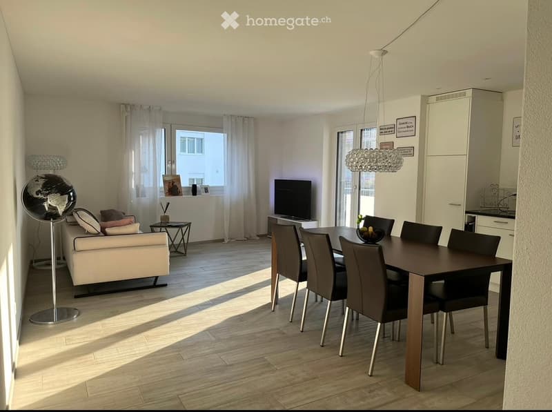 Modern living and dining area with a sofa, coffee table, dining table with chairs, television, globe, and decorative lamp.
