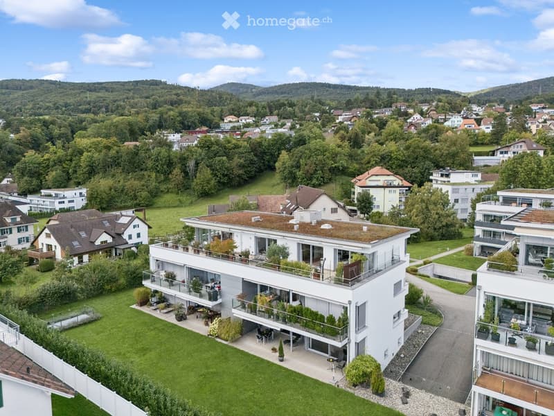 House. Aerial view of a modern white house with a green roof, surrounded by a well-maintained lawn and garden, with neighboring houses and a scenic hilly landscape in the background.