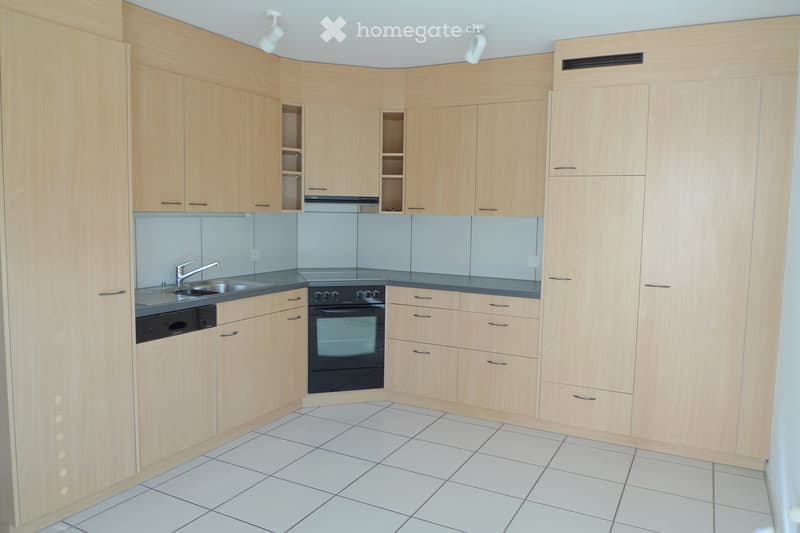 Modern kitchen with light wooden cabinets, stainless steel sink, oven, and dishwasher. The space features tiled flooring and grey tiled backsplash.