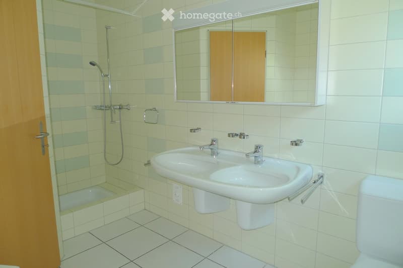 Modern bathroom with a white double sink, chrome faucets, a large mirror, a shower area with a glass enclosure, and a toilet. The walls are tiled in light green and white, and the floor is tiled in white.