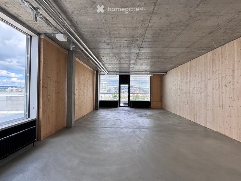 Modern, minimalist corridor with concrete floors and walls, large windows, and exposed wooden paneling.