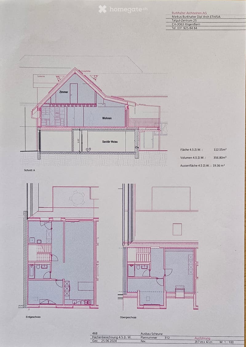 Architectural floor plan showing a 4.5-room apartment layout with living area, bedroom, bathroom, and staircase.