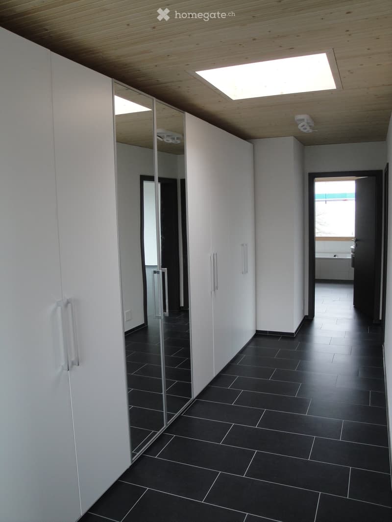 Modern hallway with black tiled floor, white walls, large mirror, and a skylight above.