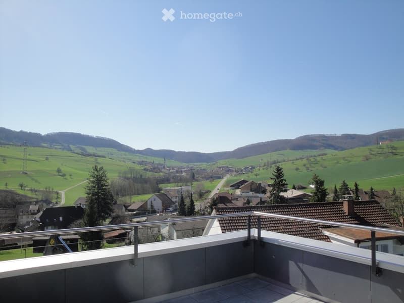 Balcony with metal railing overlooking a rural village with green fields, houses, and distant hills.