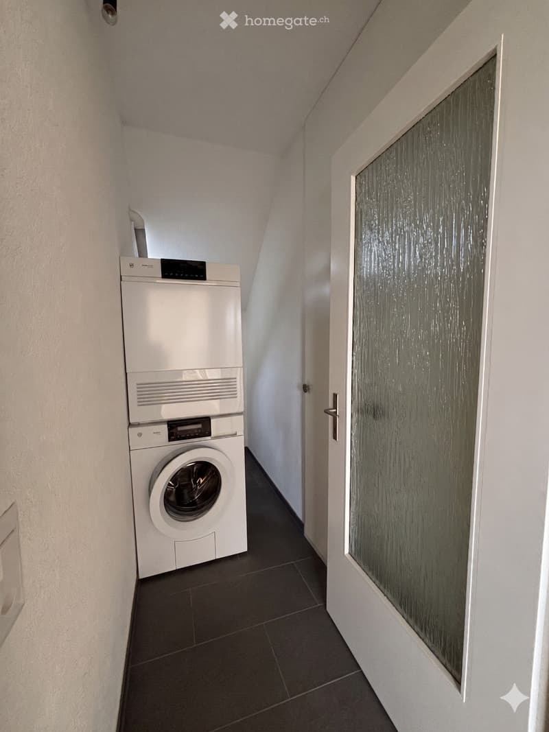 A narrow hallway with a private washing machine and dryer unit against the wall, leading to a frosted glass door.