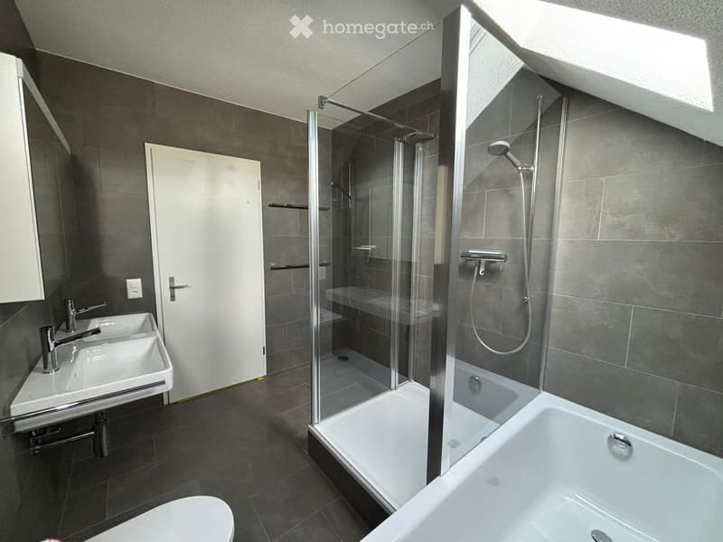 Modern bathroom with a white sink, bathtub, shower, and toilet. Features dark grey tiles and a glass-enclosed shower area.