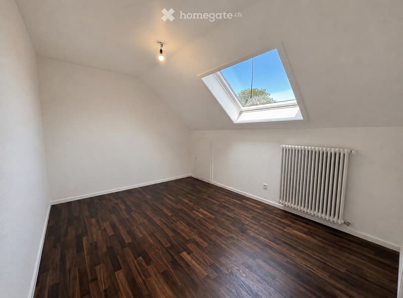 Empty attic room with wooden flooring, white walls, a skylight window, and a radiator. No furniture or equipment present.