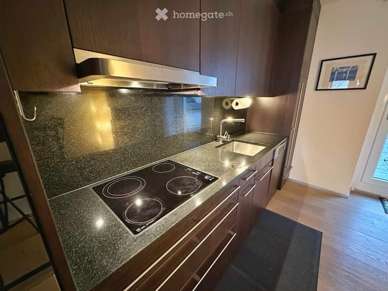 Modern kitchen with dark wood cabinets, granite countertops, induction cooktop, stainless steel sink, and range hood.