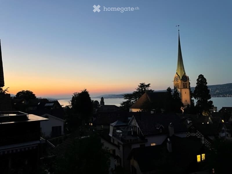 View from a balcony or terrace overlooking a town with a prominent church tower, surrounded by houses and trees, with a body of water visible in the distance.